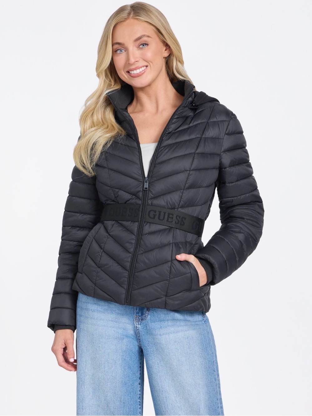 Guess Eco Kacy Black Quilted Puffer Jacket with Branded Waist